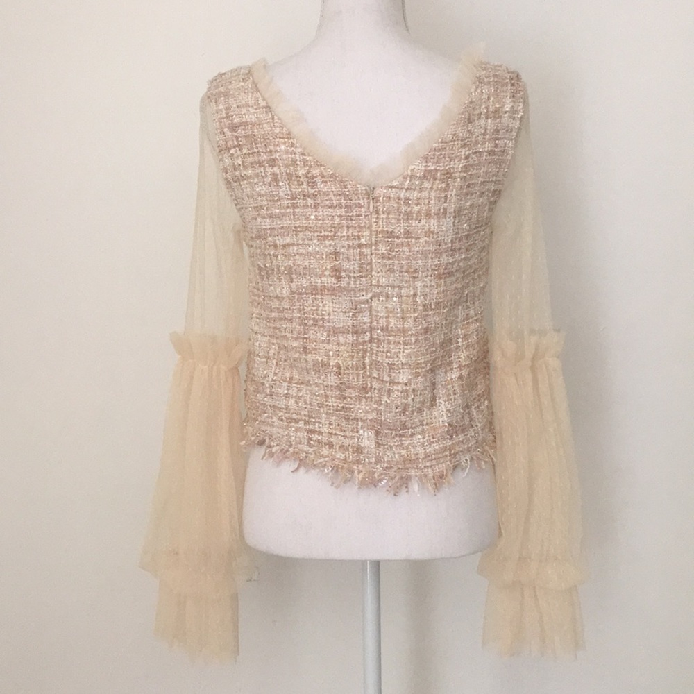 Pink, peach, cream tweed lace sleeve top - Picture 3 of 6